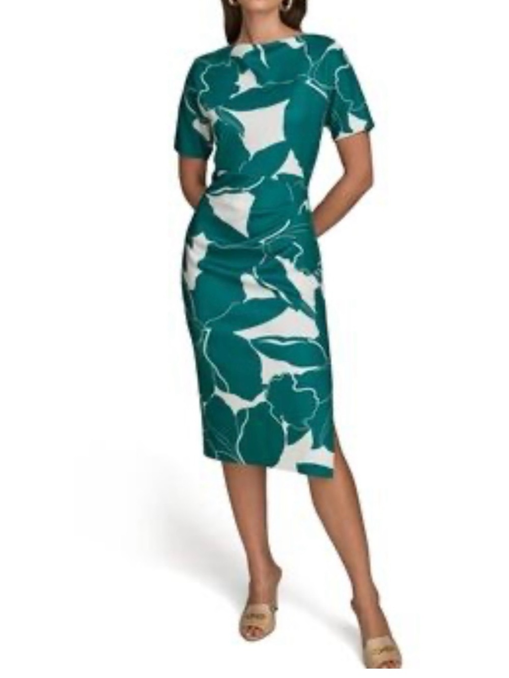 Donna Karan Teal and White Floral Midi Dress